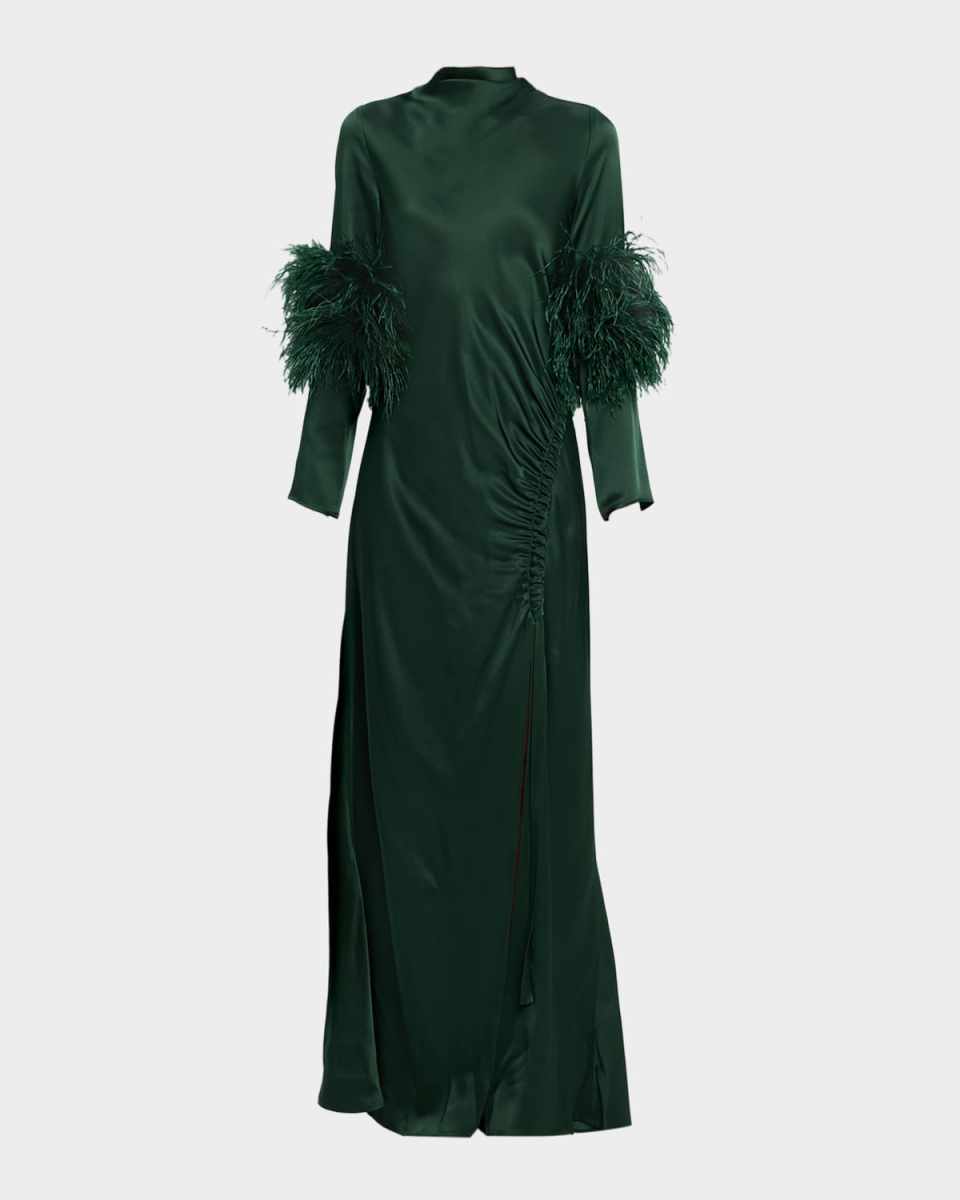 Feather-Trim Long-Sleeve Satin Maxi Dress